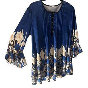 Blue and Cream Tunic with Bell Sleeves and Pleated Details